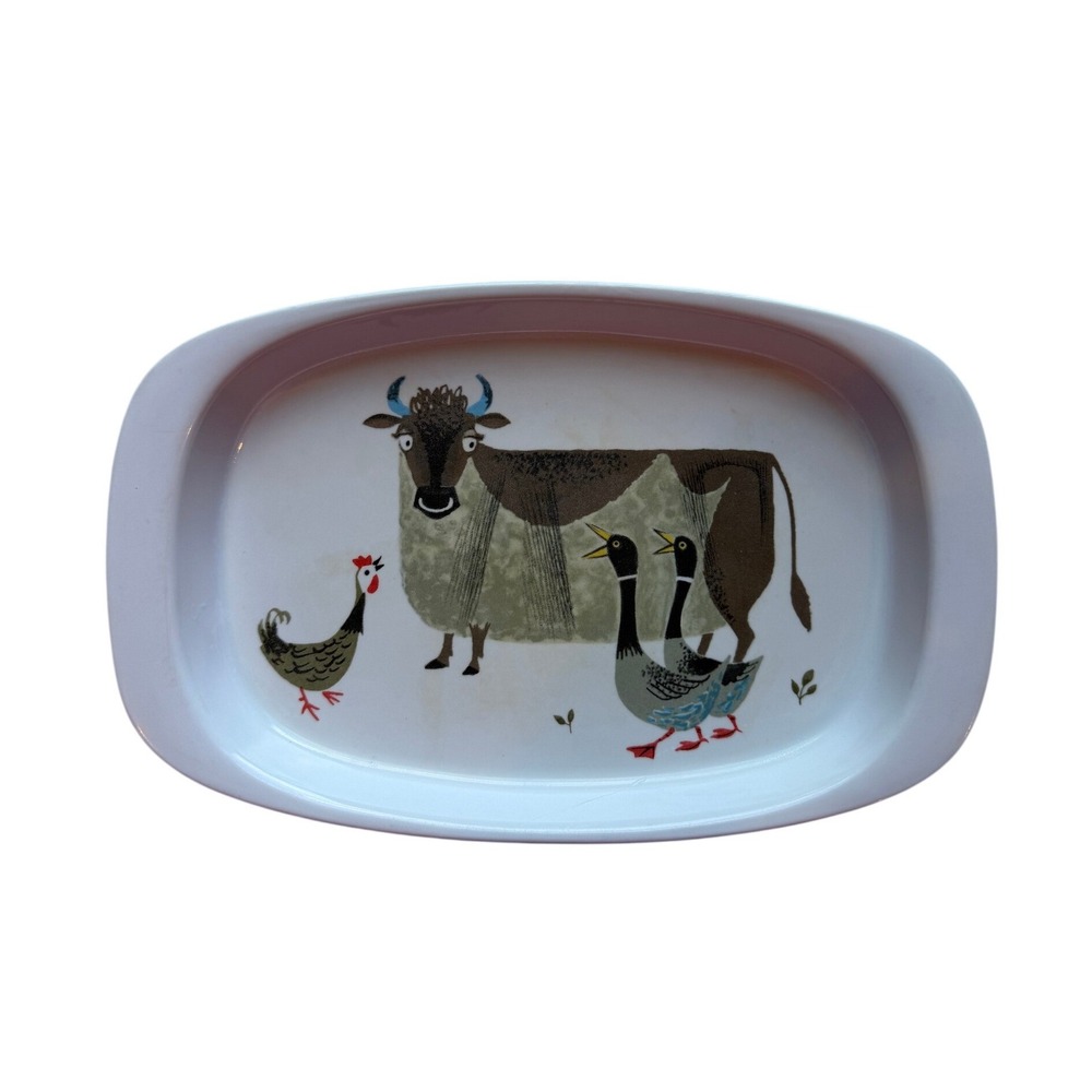 VTG Noritake Melamine Ware Platter White Farm Animals Cow Chicken Geese MCM